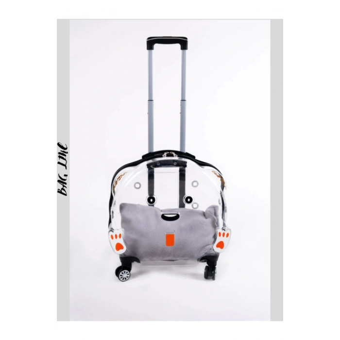 Şeffaf Tekerlekli Kedi Köpek Taşıma Valizi Çekçekli Büyük Model Siyah Kırmızı Minderli