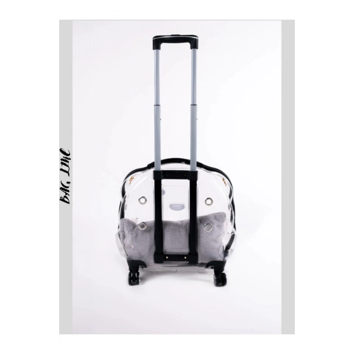 Şeffaf Tekerlekli Kedi Köpek Taşıma Valizi Çekçekli Büyük Model Siyah Kırmızı Minderli