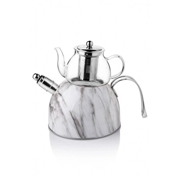 Mermer Düdüklü Çelik Cam Çaydanlık Takımı – Beyaz