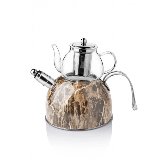 Mermer Düdüklü Çelik Cam Çaydanlık Takımı – Kahve