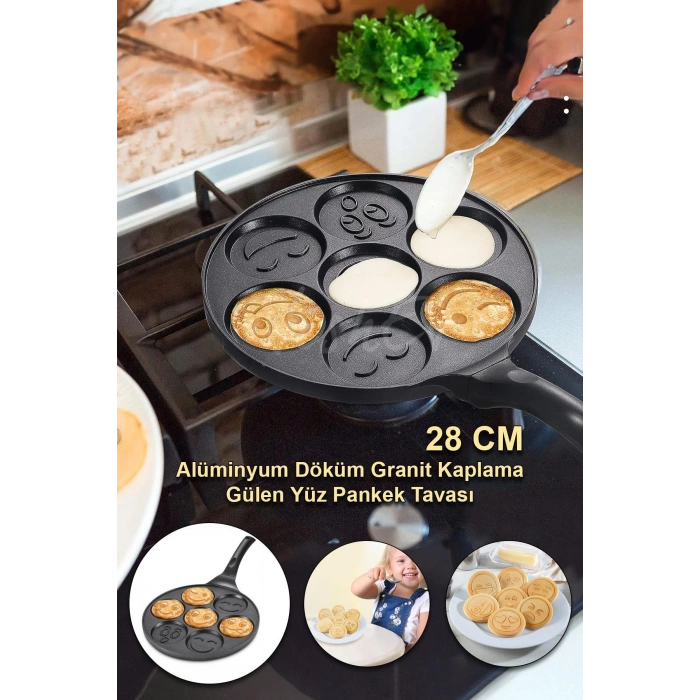 Emoji Gülen Yüz Alüminyum Döküm Granit Kaplama Pankek Tavası 28 Cm