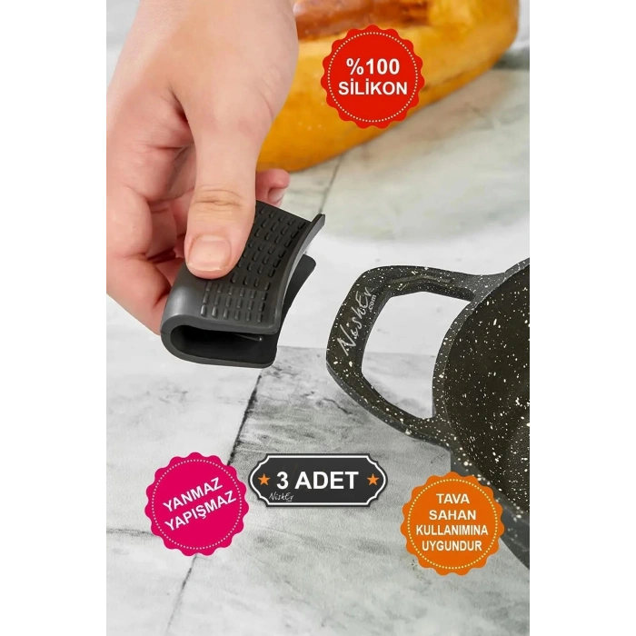 Yanmaz Yapışmaz Silikon Tava, Sahan Tutacağı Silikon Kulp Tutacak – 3 Adet Çift