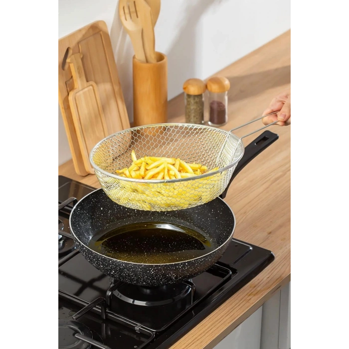 Emaye Lüks Yanmaz Yapışmaz Granit Kızartma Fritoz Wok Tava 26 Cm