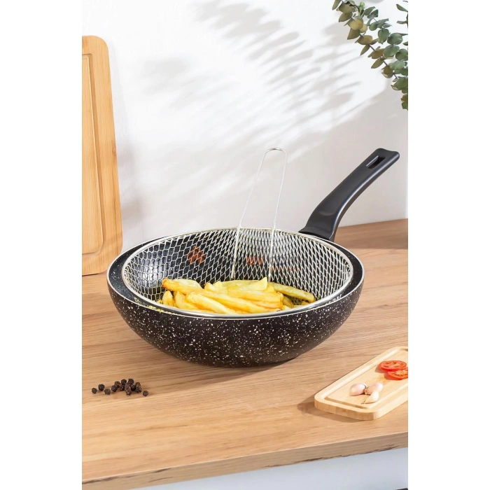 Emaye Lüks Yanmaz Yapışmaz Granit Kızartma Fritoz Wok Tava 26 Cm