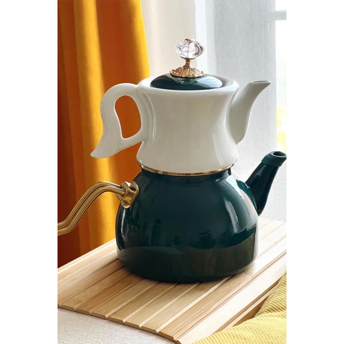 Dufy Serisi Porselen Demlikli Emaye Çaydanlık Takımı - Yeşil