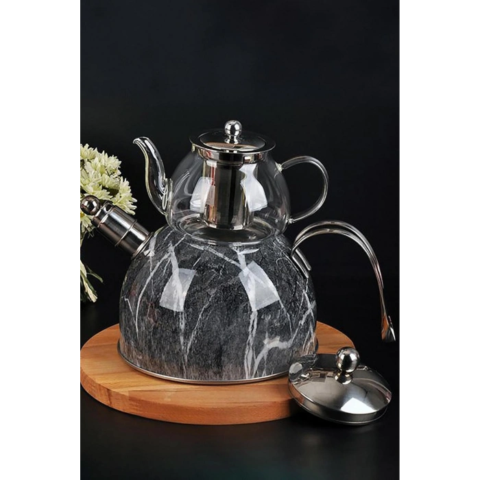 Mermer Düdüklü Çelik Cam Çaydanlık Takımı Özel Tasarım
