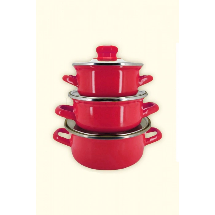 12/14/16 Cm Mini Emaye Tencere Seti - Kırmızı