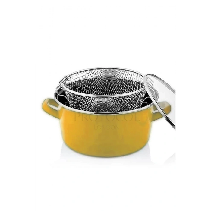 Lüks Italyan Emaye Fritöz Kızartma Tenceresi 22 Cm 3,5 Litre - Sarı