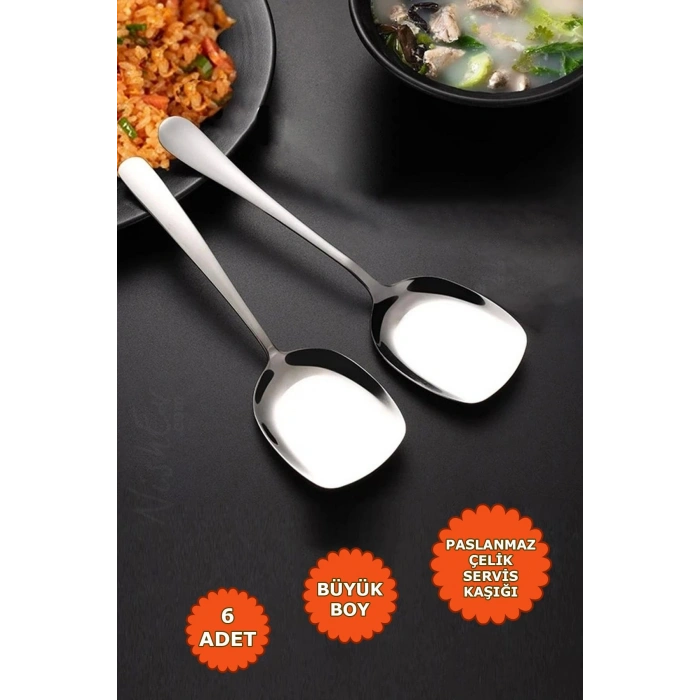 6lı Lüks Servis Kaşığı Seti Büyük Boy Paslanmaz Çelik Kaşık Salata Pasta Yemek Servis Mutfak