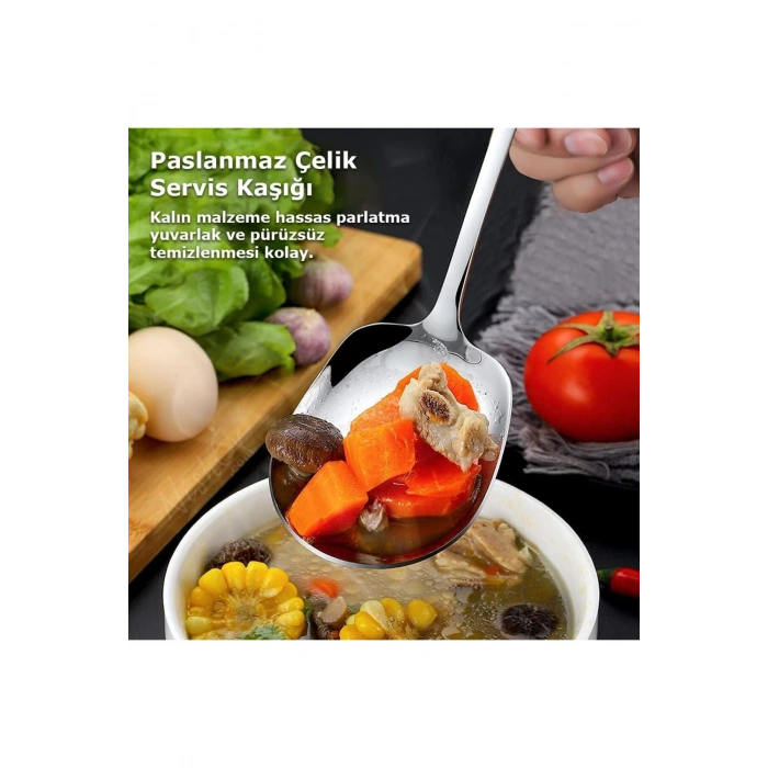 6lı Lüks Servis Kaşığı Seti Büyük Boy Paslanmaz Çelik Kaşık Salata Pasta Yemek Servis Mutfak