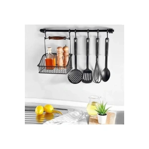 Duvar Rayı Askılık Siyah Askı Mutfak Askısı Sepetli Askılık, Siyah retro sepet ve Askılık,