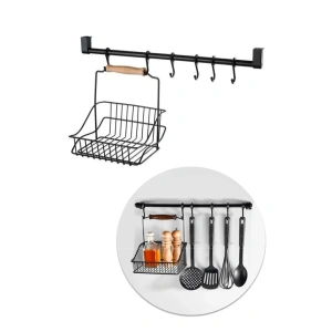 Ferforje Sepet - Duvar Rayı Askılık Mutfak Askısı Sepetli Ahşap Düzenleyici / Siyah
