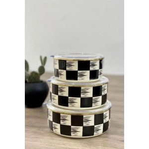 Kitchen Dama Desen Siyah-krem Emaye 3 Lü Saklama Kabı 14/16/18 Cm