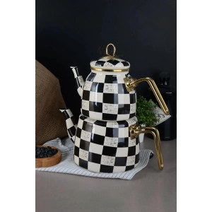 Elite Class Çaydanlık Takımı Dama Desen - Siyah Beyaz Şık Tasarım Çaydanlık Takımı