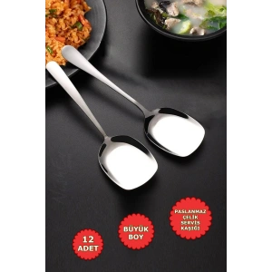 12li Lüks Servis Kaşığı Seti Büyük Boy Paslanmaz Çelik Kaşık Salata Pasta Yemek Servis Mutfa