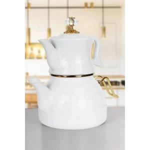 Dufy Serisi Porselen Demlikli Emaye Çaydanlık Takımı - Beyaz