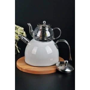 Zeyno Düdüklü Emaye Çelik Cam Çaydanlık Takımı Beyaz