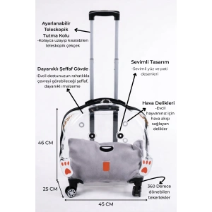 Şeffaf Tekerlekli Kedi Köpek Taşıma Valizi Çekçekli Büyük Model Siyah Kırmızı Minderli