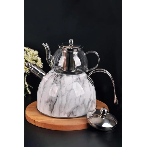 Mermer Düdüklü Çelik Cam Çaydanlık Takımı – Beyaz