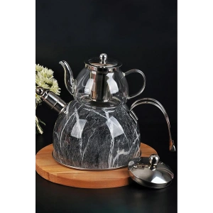 Mermer Düdüklü Çelik Cam Çaydanlık Takımı – Gri