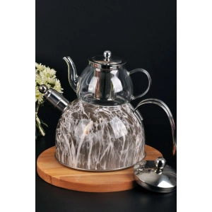 Açık Kahve Mermer Desenli Düdüklü Çaydanlık Cam - Paslanmaz Çelik