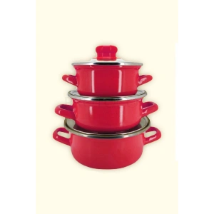 12/14/16 Cm Mini Emaye Tencere Seti - Kırmızı
