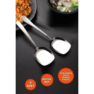 6lı Lüks Servis Kaşığı Seti Büyük Boy Paslanmaz Çelik Kaşık Salata Pasta Yemek Servis Mutfak