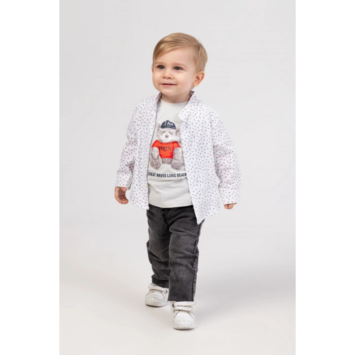 Erkek Bebek 4’lü Spor Kombin - Fermuarlı Ceket, Gömlek, Ayıcık Baskılı Tişört, Kot Pantolon