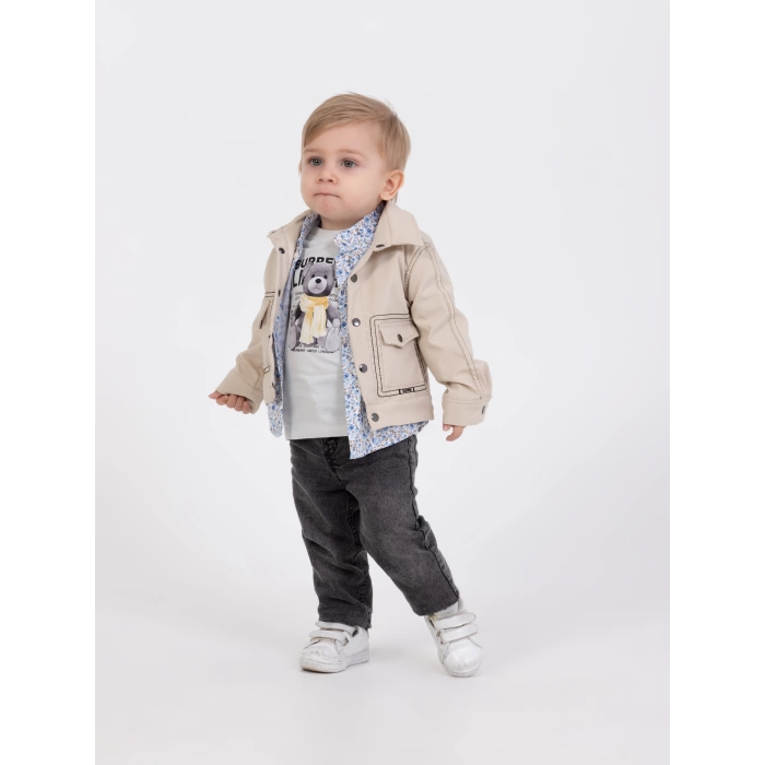 Erkek Bebek 4’lü Şık Günlük Kombin - Cepli Ceket, Çiçekli Gömlek, Ayıcık Baskılı Tişört, Kot Pantolon