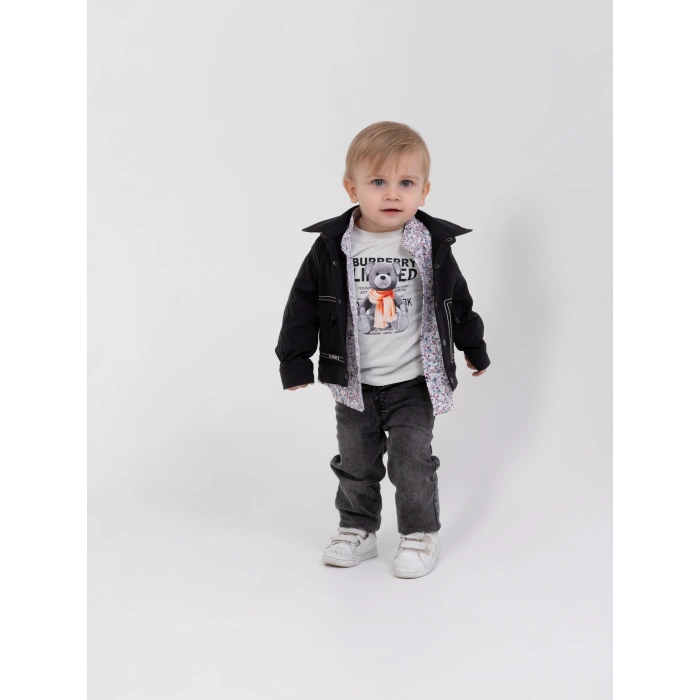 Erkek Bebek 4’lü Şık Günlük Kombin - Cepli Ceket, Çiçekli Gömlek, Ayıcık Baskılı Tişört, Kot Pantolon