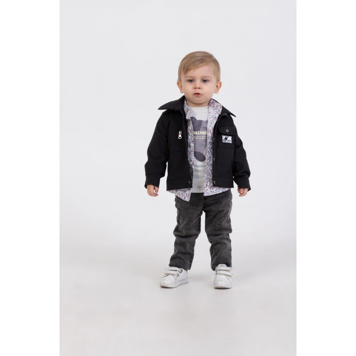 Erkek Bebek 4’lü Günlük Kombin - Çıt Çıtlı Ceket, Çiçekli Gömlek, Ayıcık Baskılı Tişört, Kot Pantolon