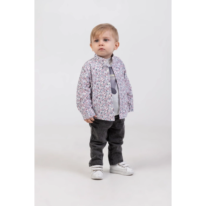 Erkek Bebek 4’lü Günlük Kombin - Çıt Çıtlı Ceket, Çiçekli Gömlek, Ayıcık Baskılı Tişört, Kot Pantolon