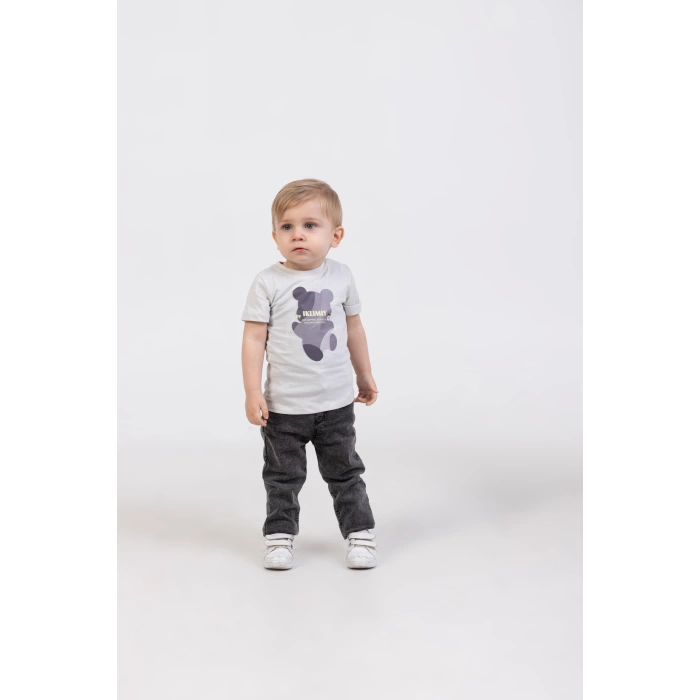 Erkek Bebek 4’lü Günlük Kombin - Çıt Çıtlı Ceket, Çiçekli Gömlek, Ayıcık Baskılı Tişört, Kot Pantolon