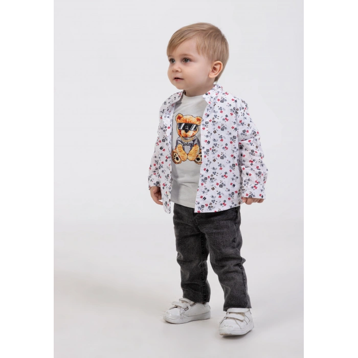 Erkek Bebek 4’lü Kot Ceketli Kombin - Ceket, Çiçekli Gömlek, Baskılı Tişört, Kot Pantolon