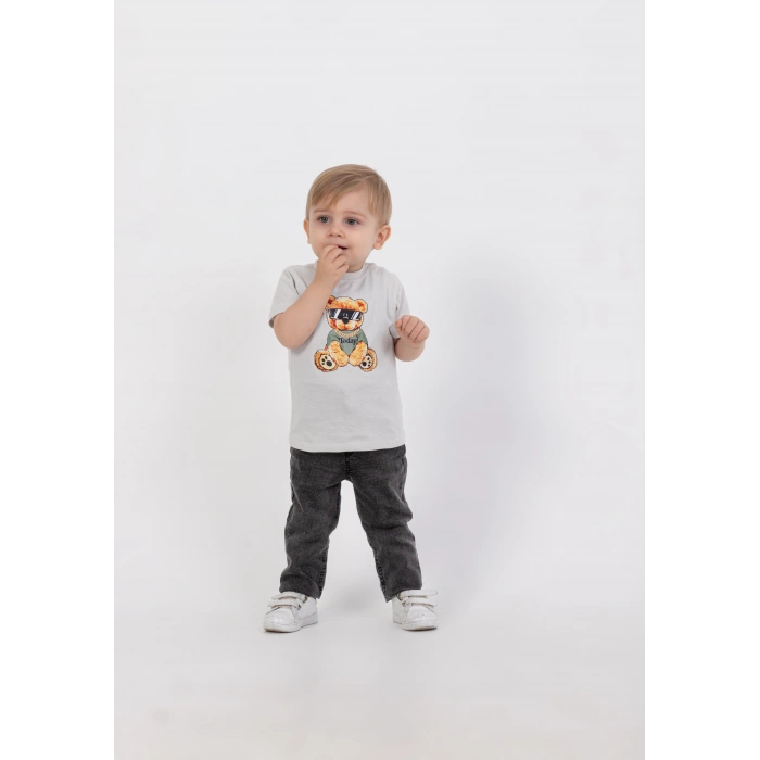 Erkek Bebek 4’lü Kot Ceketli Kombin - Ceket, Çiçekli Gömlek, Baskılı Tişört, Kot Pantolon