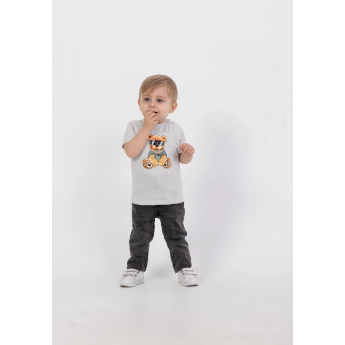 Erkek Bebek 4’lü Kot Ceketli Kombin - Ceket, Çiçekli Gömlek, Baskılı Tişört, Kot Pantolon
