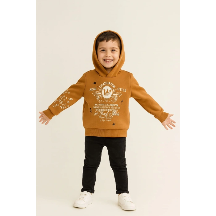 Yazı ve Baskı Detaylı Kapüşonlu Çocuk Sweatshirt