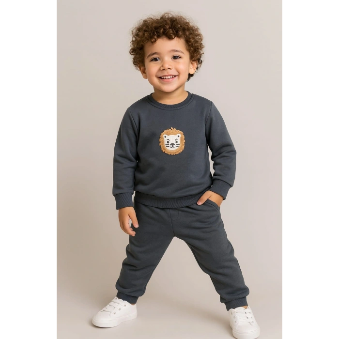 Erkek Çocuk Aslan Nakışlı 2’li Takım – Sweatshirt ve Alt Eşofman %100 Pamuk