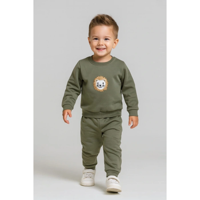 Erkek Çocuk Aslan Nakışlı 2’li Takım – Sweatshirt ve Alt Eşofman %100 Pamuk