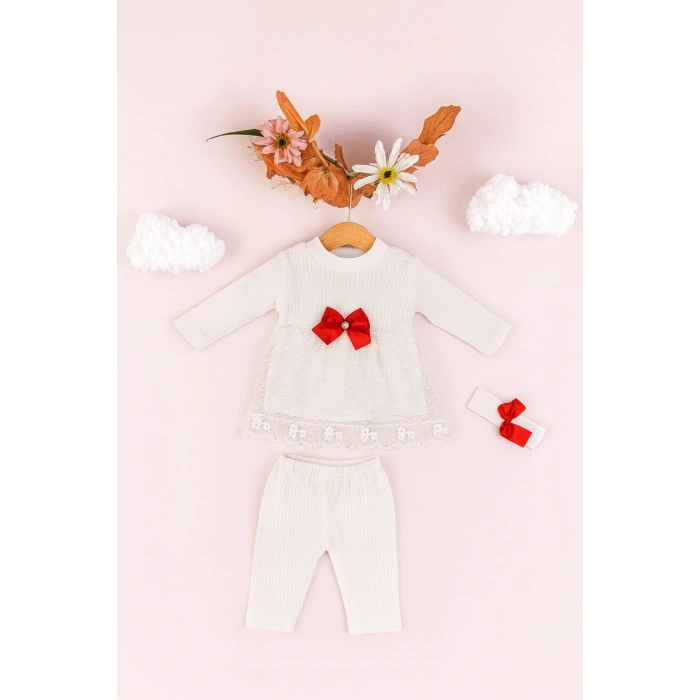 Bebek Kız Pamuklu 3’lü Takım – Dantel Detaylı Elbise, Tayt ve Fiyonklu Saç Bandı