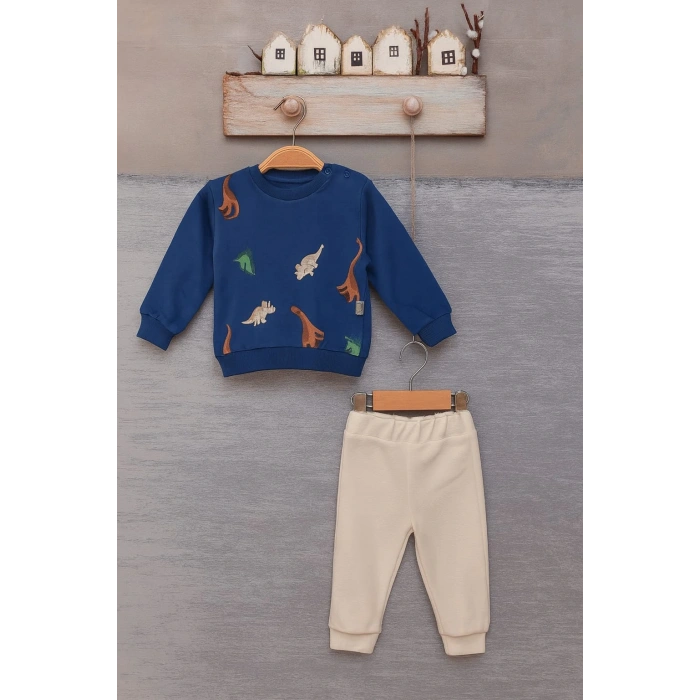 Erkek Bebek Pamuklu 2’li Takım – Dinazor Baskılı Sweatshirt ve Yeşil Pantolon