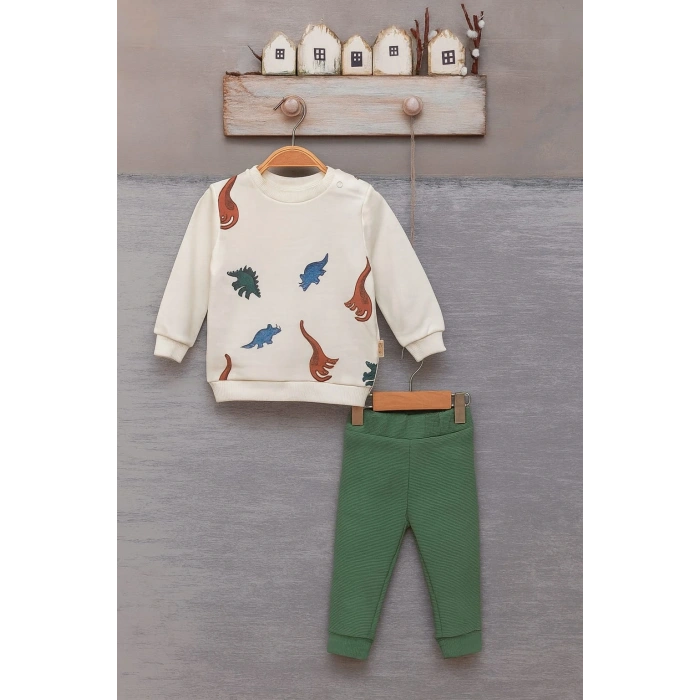Erkek Bebek Pamuklu 2’li Takım – Dinazor Baskılı Sweatshirt ve Yeşil Pantolon