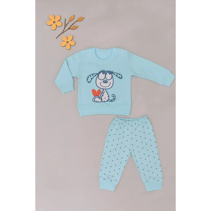 Bebek 2’li Takım – Sevimli Köpek Baskılı Sweatshirt ve Noktalı Pantolon