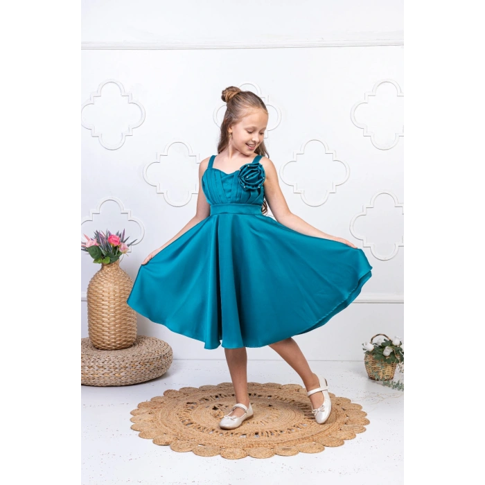 Kız Çocuk Abiye Elbise Pileli Omuz Çiçek Detaylı Düğün ve Özel Gün Elbisesi