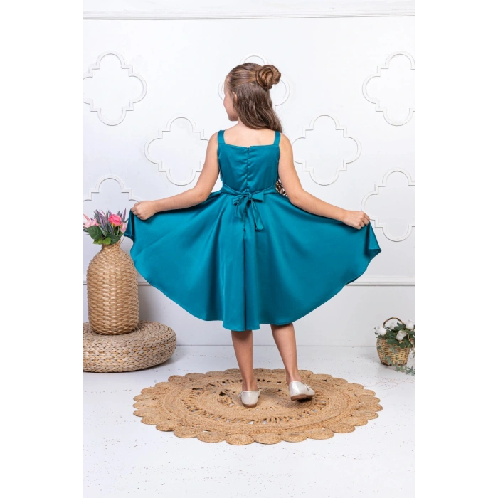 Kız Çocuk Abiye Elbise Pileli Omuz Çiçek Detaylı Düğün ve Özel Gün Elbisesi