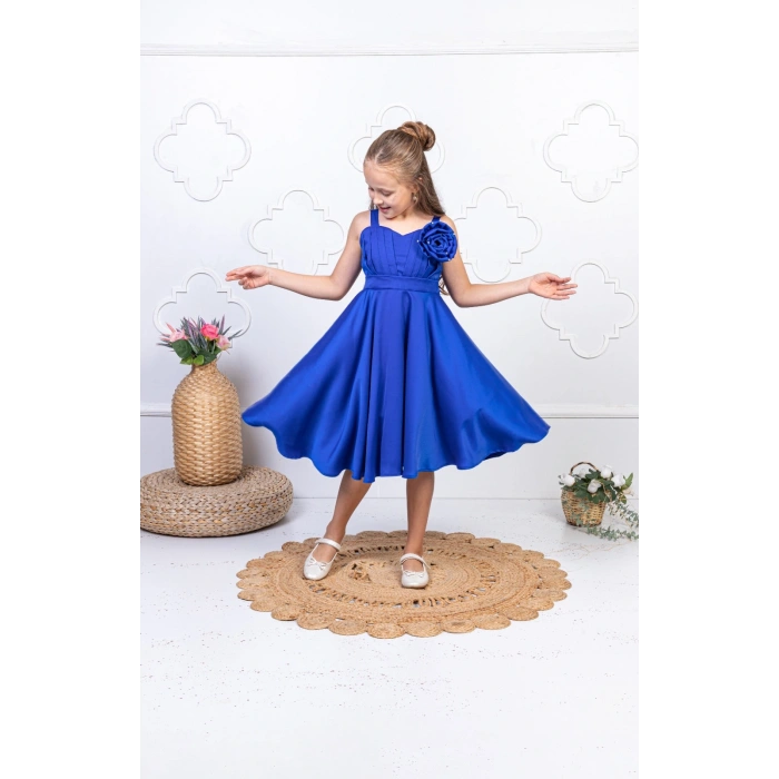 Kız Çocuk Abiye Elbise Pileli Omuz Çiçek Detaylı Düğün ve Özel Gün Elbisesi