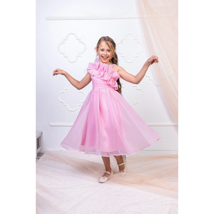 Kız Çocuk Tek Omuz Fırfır Detaylı Abiye Elbise