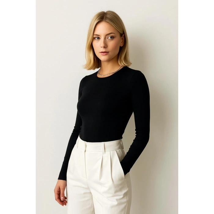 Kadın Uzun Kollu Basic Düz Form Fit Bluz