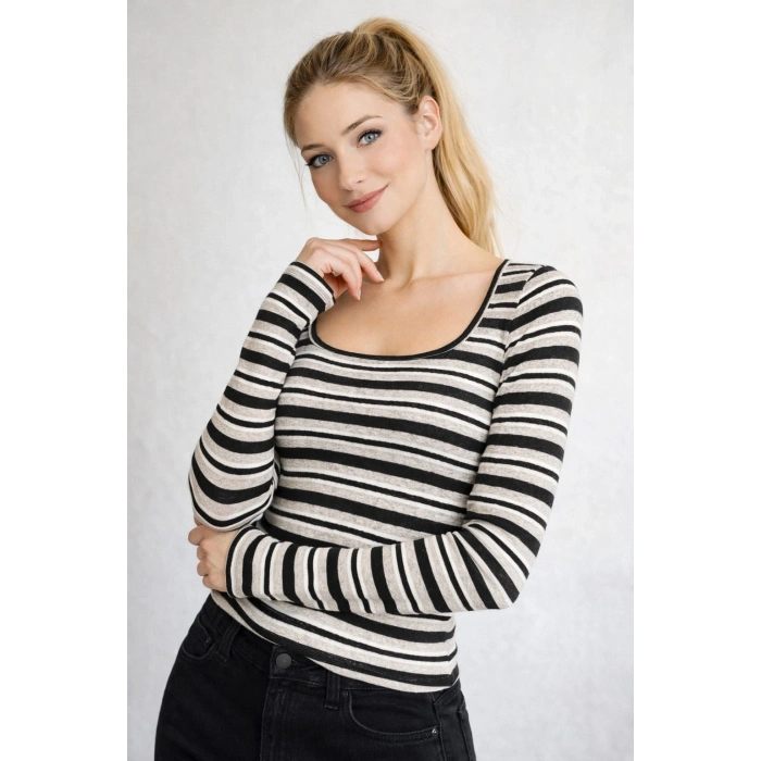 Kadın Kare Yaka Çizgili Fitilli Bluz - Uzun Kollu Slim Fit Esnek Body