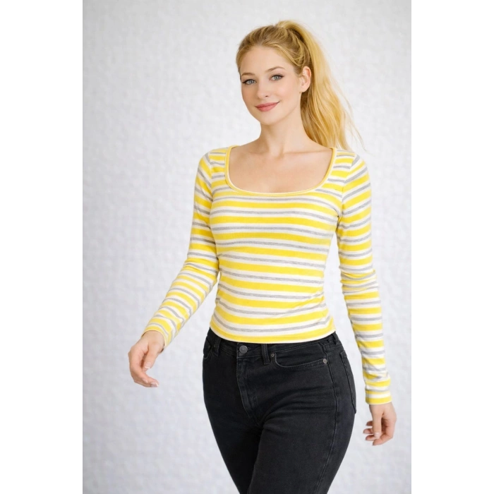 Kadın Kare Yaka Çizgili Fitilli Bluz - Uzun Kollu Slim Fit Esnek Body